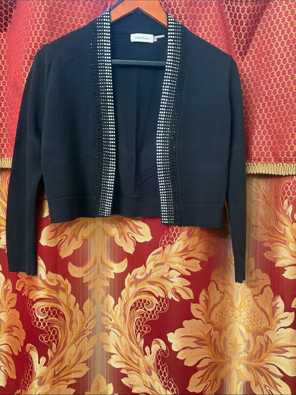 Calvin Klein Black Cropped Bolero Cardigan with Silver Rhinestone Trim